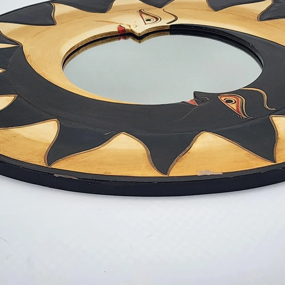 Vintage Hand Carved Celestial Sun Moon Mirror Bali Folk Art Wall Decor Eclectic